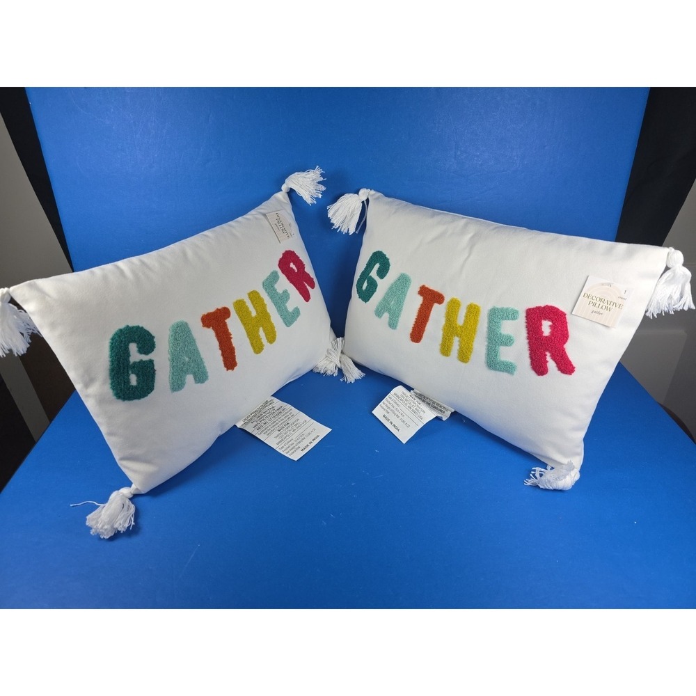 Pillow Gather White Textured 10x14 Thanksgiving Fall Small Accent Throw Lot of 2